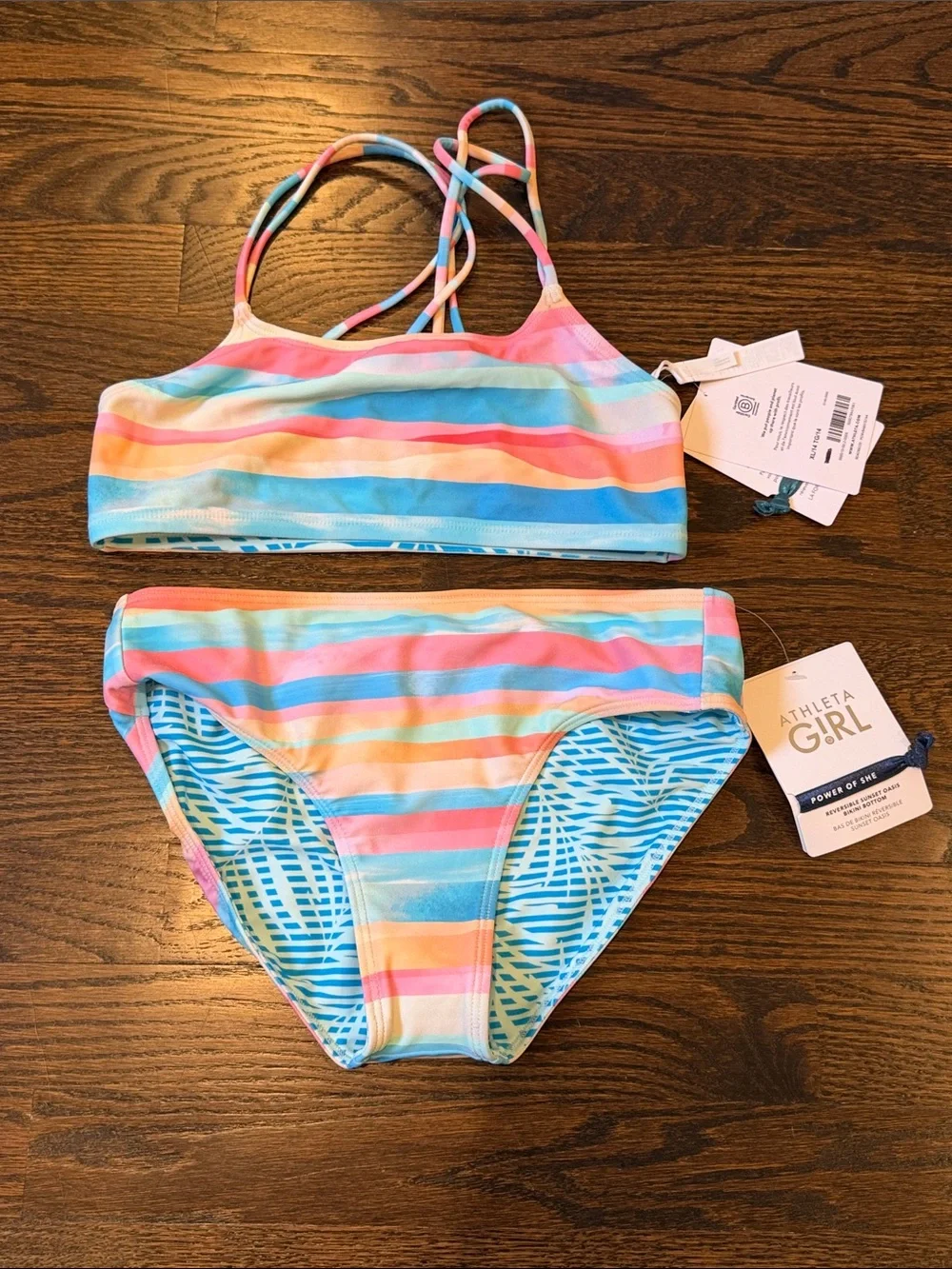 Athleta Girl Reversible Sunset Oasis Bikini Two-Piece Swim Set Pink Blue Yellow